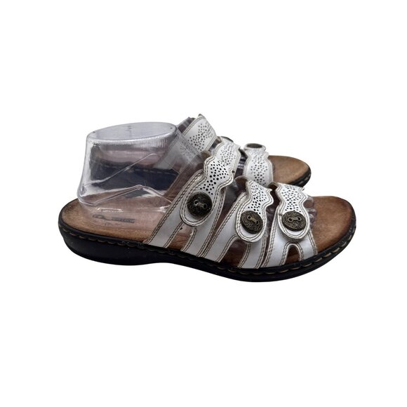 Clarks Size 10 White Perforated Leather Slide Sandals With Button Accents - Picture 4 of 10